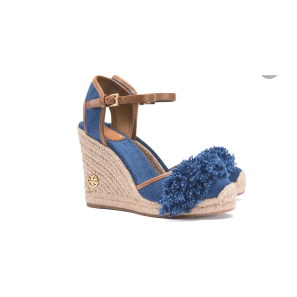 Tory Burch Shaw Denim Wedge Heel Sandal Blue Denim and Royal Tan